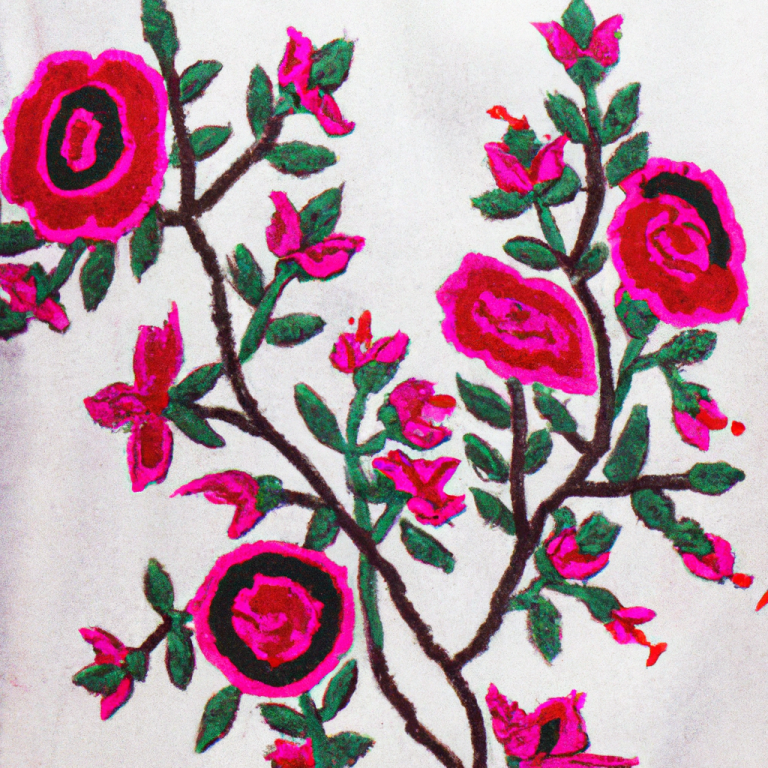 Geborduurde roze bloemen Kleurige borduursels van rozen en takken in roze en groen op een witte achtergrond.