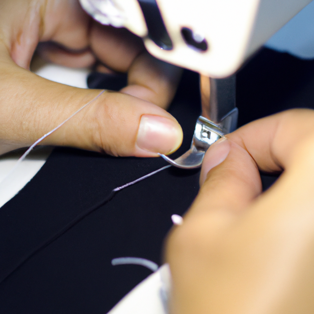 Handen bij naaimachine Handen die een naaimachine gebruiken om een zwarte stof te stikken.