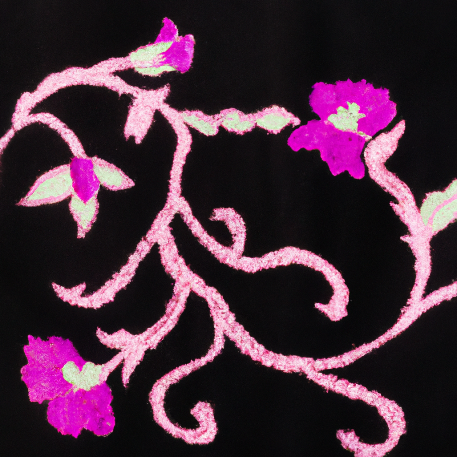 Geborduurde bloemen Kleurrijke bloemen en bladeren in roze en paars op een zwarte achtergrond.